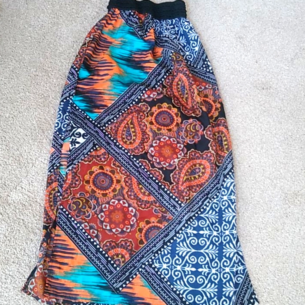 Summer Long Skirt Small Orange Blue Deb